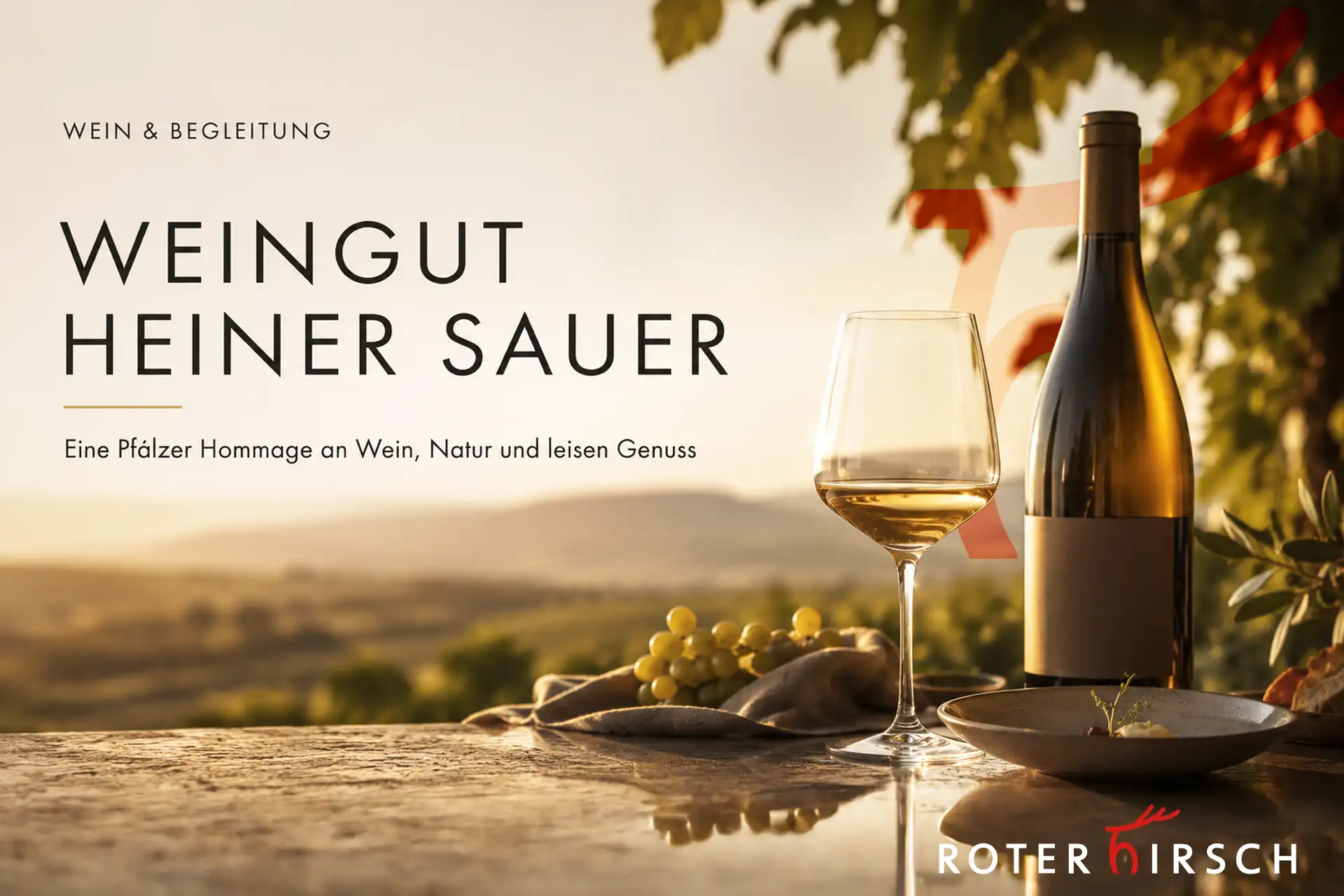Weingut Heiner Sauer Pfalz – Wein & Begleitung im Roten Hirsch Weinbegleitung zum Weingut Heiner Sauer aus der Pfalz mit Weinglas, Weinflasche und gehobener Genussatmosphäre